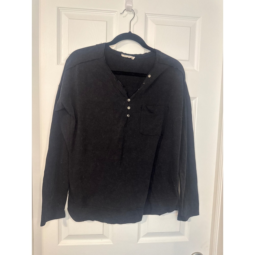 New In Womens Black Long Sleeve Henley Top Relaxed Fit Pocket Small
